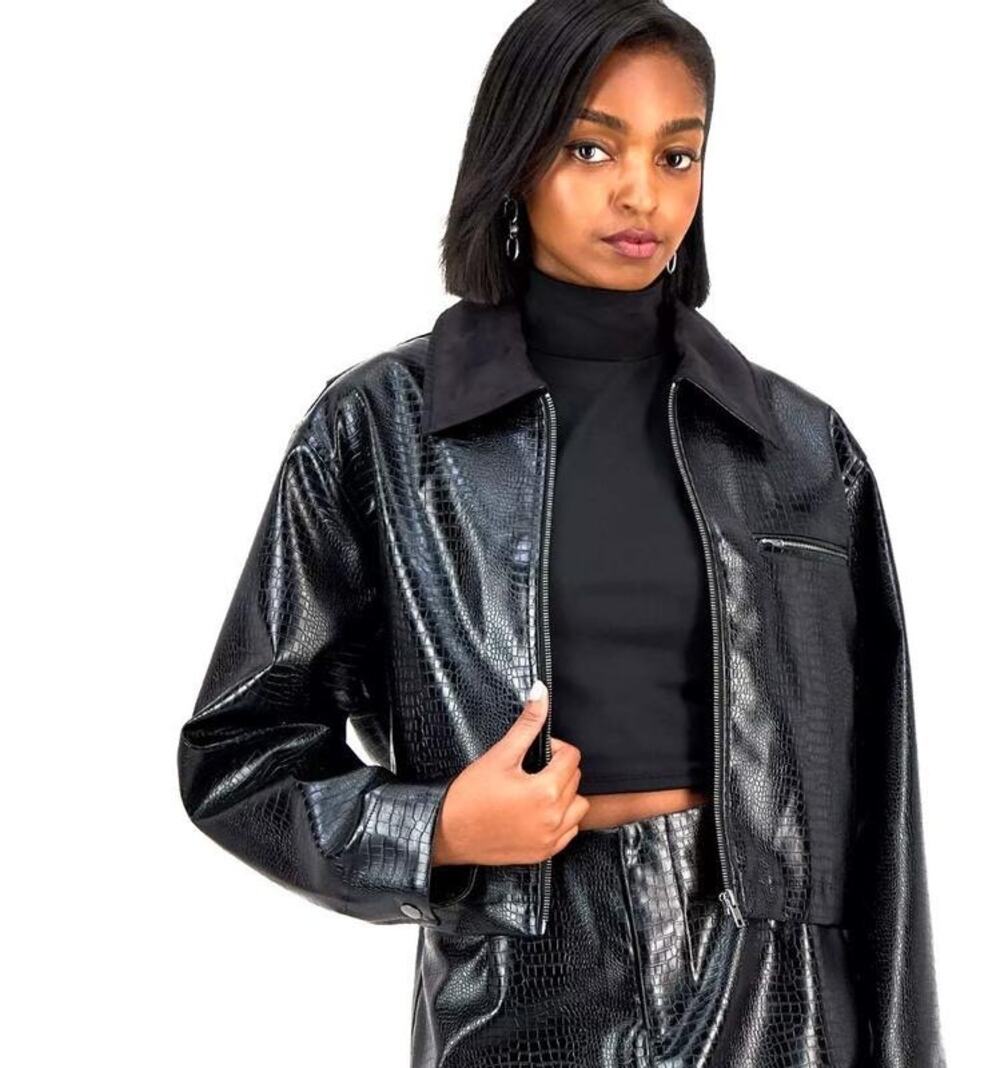Bar III Women's Embossed Faux Leather Cropped Jacket Black Size Medium